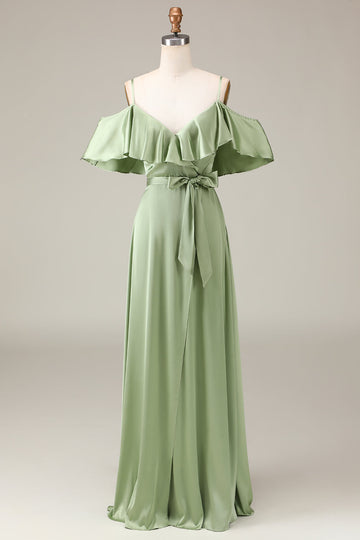 Matcha Spaghetti Straps Hombro Frío Vestido de dama de honor de satén de línea A